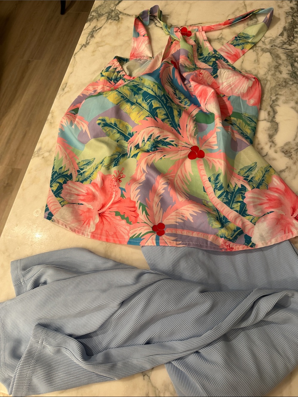 Tropical Floral Halter Camisole in Pink & Green - Women's Top + Pants